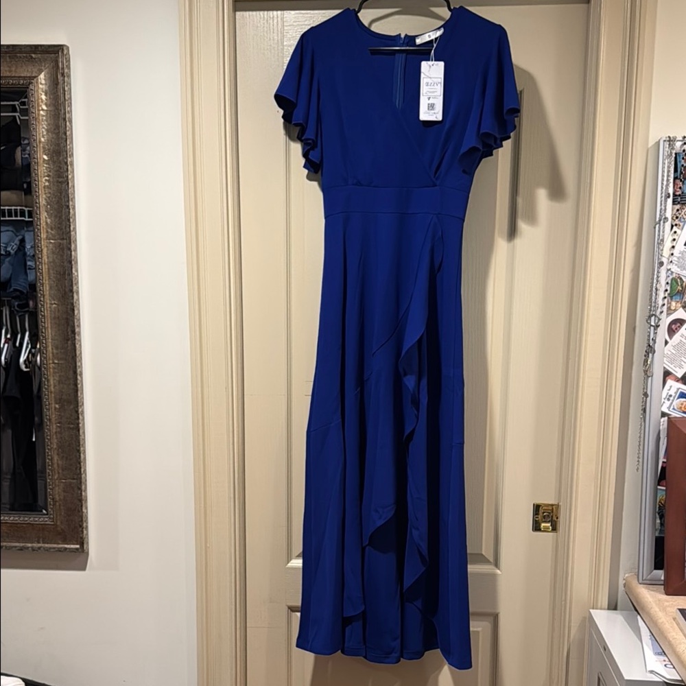 Blue A-Line Maxi Dress with Flutter Sleeves and Tie Front